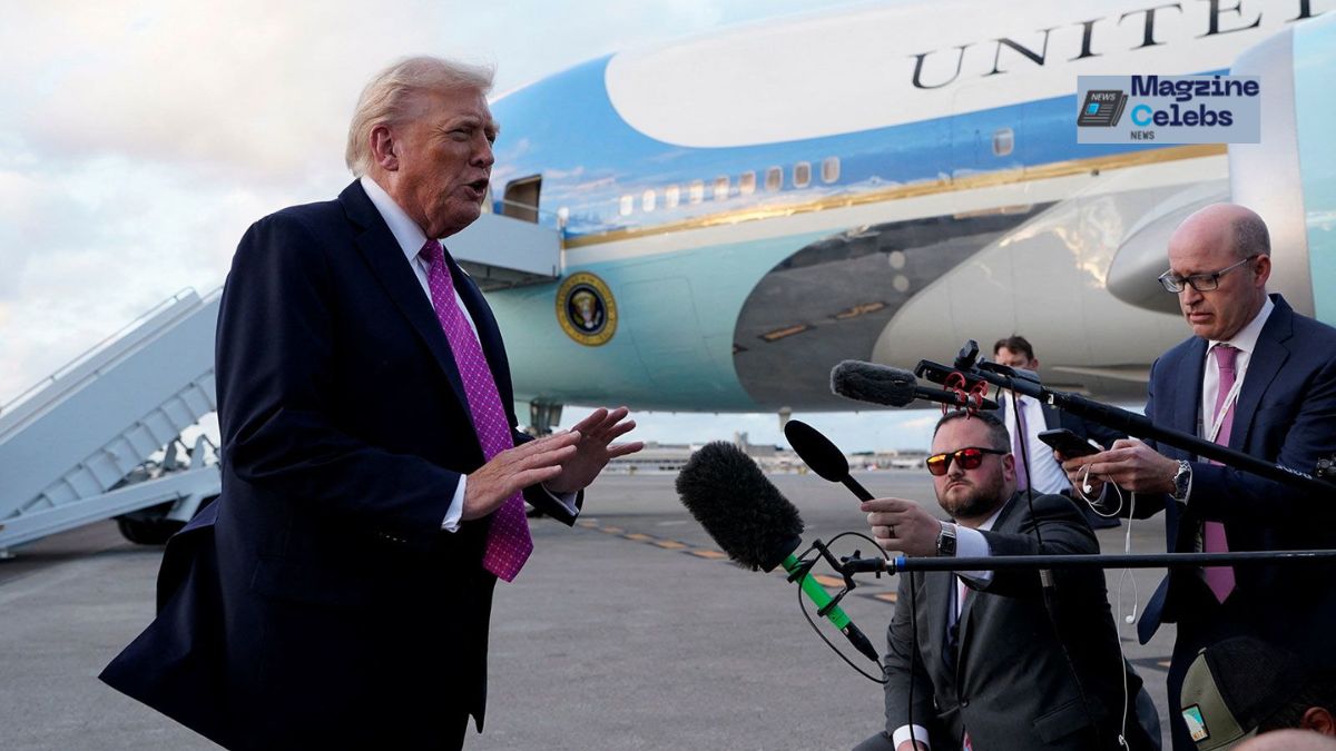 President Donald Trump speaks to reporters on an airport tarmac, with Air Force One visible in the background.