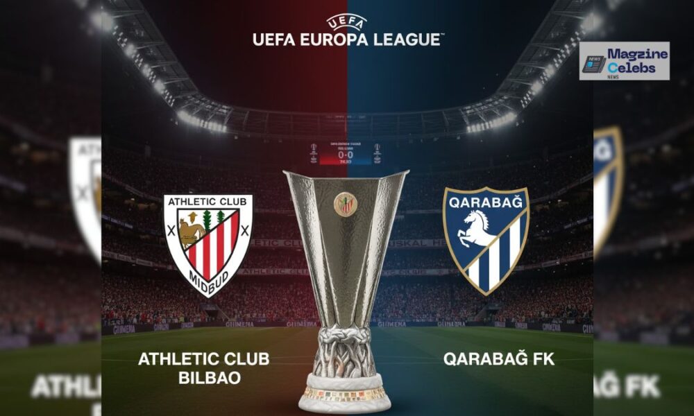 A promotional graphic for the UEFA Europa League match between Athletic Club Bilbao and Qarabağ FK, showing both team logos on either side of the Europa League trophy.