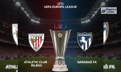 A promotional graphic for the UEFA Europa League match between Athletic Club Bilbao and Qarabağ FK, showing both team logos on either side of the Europa League trophy.