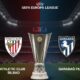 A promotional graphic for the UEFA Europa League match between Athletic Club Bilbao and Qarabağ FK, showing both team logos on either side of the Europa League trophy.