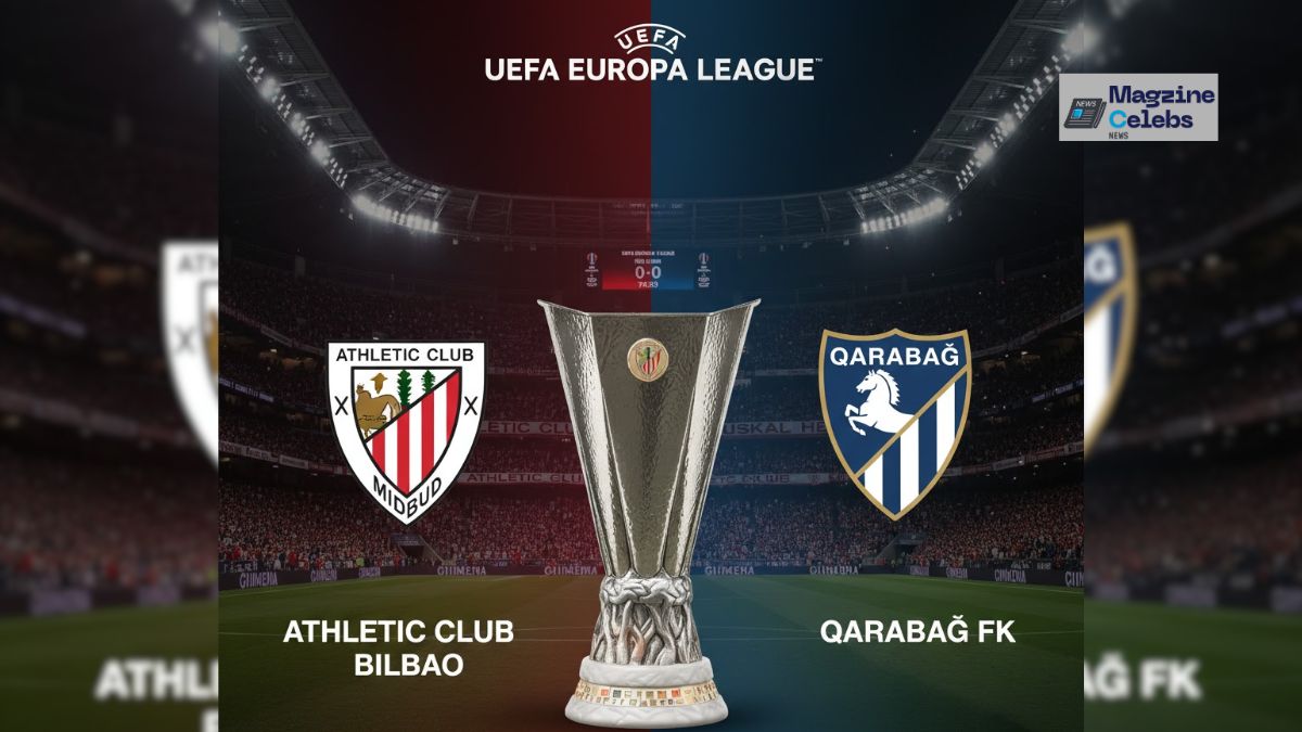 A promotional graphic for the UEFA Europa League match between Athletic Club Bilbao and Qarabağ FK, showing both team logos on either side of the Europa League trophy.