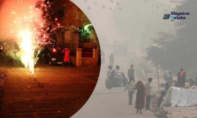 A split image showing Diwali fireworks on the left and a street in Delhi shrouded in thick toxic smog on the right, illustrating the cause and effect of post-festival air pollution.