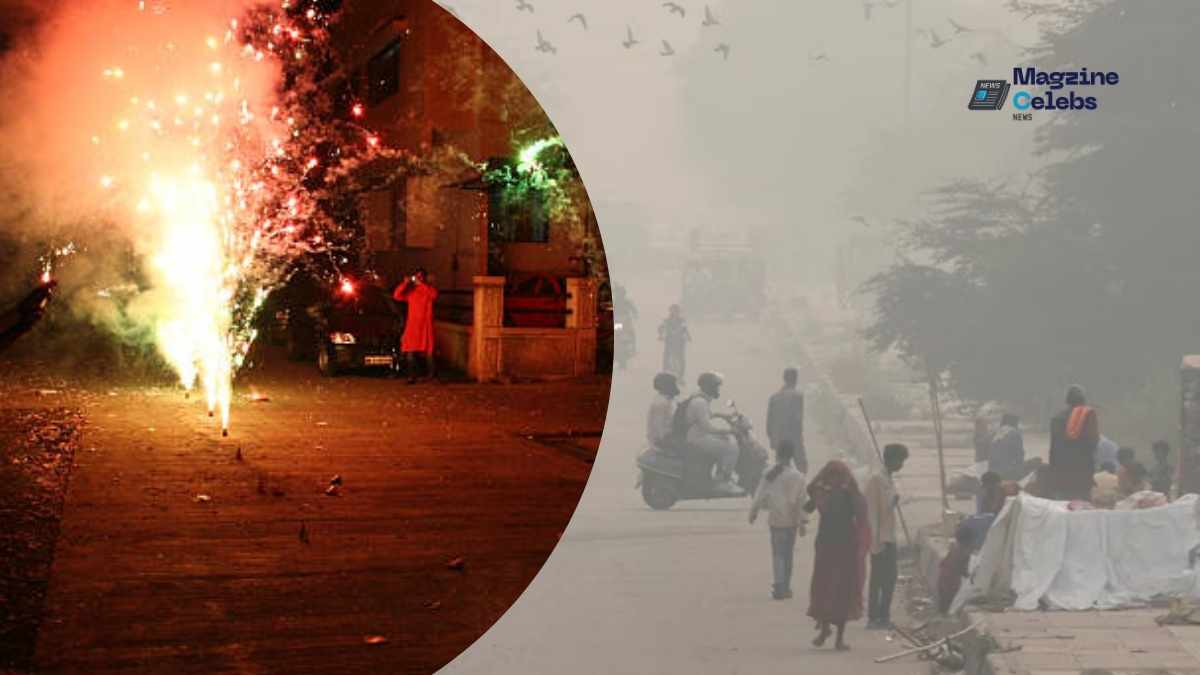 A split image showing Diwali fireworks on the left and a street in Delhi shrouded in thick toxic smog on the right, illustrating the cause and effect of post-festival air pollution.