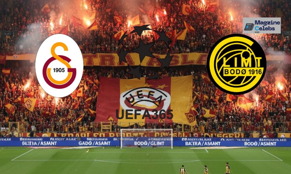 Galatasaray vs Bodø/Glimt UEFA Europa League match with fan flares, team logos, and a dark UEFA Champions League ball in the center.