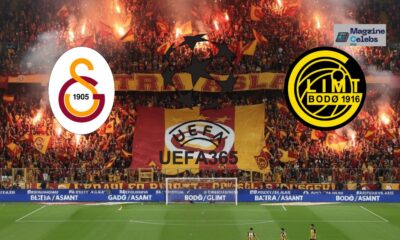 Galatasaray vs Bodø/Glimt UEFA Europa League match with fan flares, team logos, and a dark UEFA Champions League ball in the center.