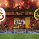Galatasaray vs Bodø/Glimt UEFA Europa League match with fan flares, team logos, and a dark UEFA Champions League ball in the center.