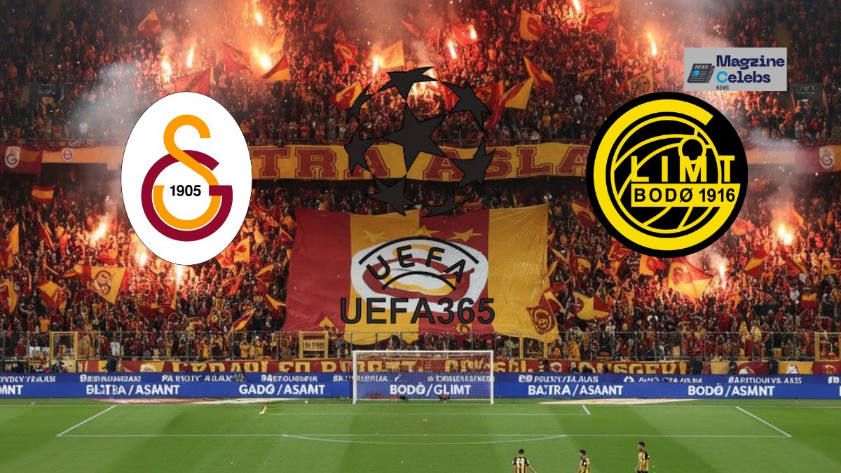 Galatasaray vs Bodø/Glimt UEFA Europa League match with fan flares, team logos, and a dark UEFA Champions League ball in the center.