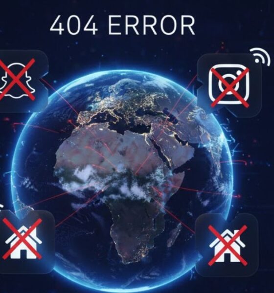 A conceptual image representing a global internet outage with disconnected app logos.