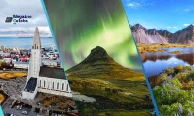 A collage of Iceland's iconic sights, including the Hallgrímskirkja church in Reykjavik, the Northern Lights over a mountain, and a vibrant, serene lake landscape.