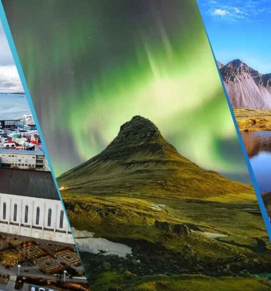 A collage of Iceland's iconic sights, including the Hallgrímskirkja church in Reykjavik, the Northern Lights over a mountain, and a vibrant, serene lake landscape.