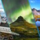 A collage of Iceland's iconic sights, including the Hallgrímskirkja church in Reykjavik, the Northern Lights over a mountain, and a vibrant, serene lake landscape.