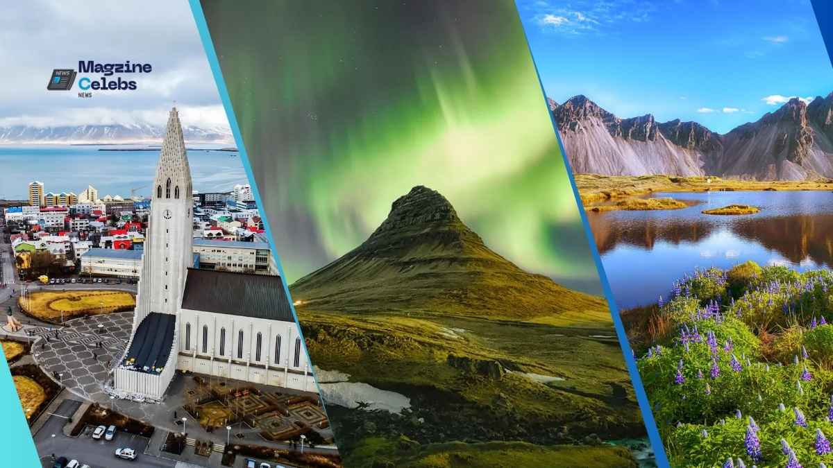 A collage of Iceland's iconic sights, including the Hallgrímskirkja church in Reykjavik, the Northern Lights over a mountain, and a vibrant, serene lake landscape.