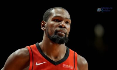 Kevin Durant in his Houston Rockets jersey, looking focused before his return game in Oklahoma City.