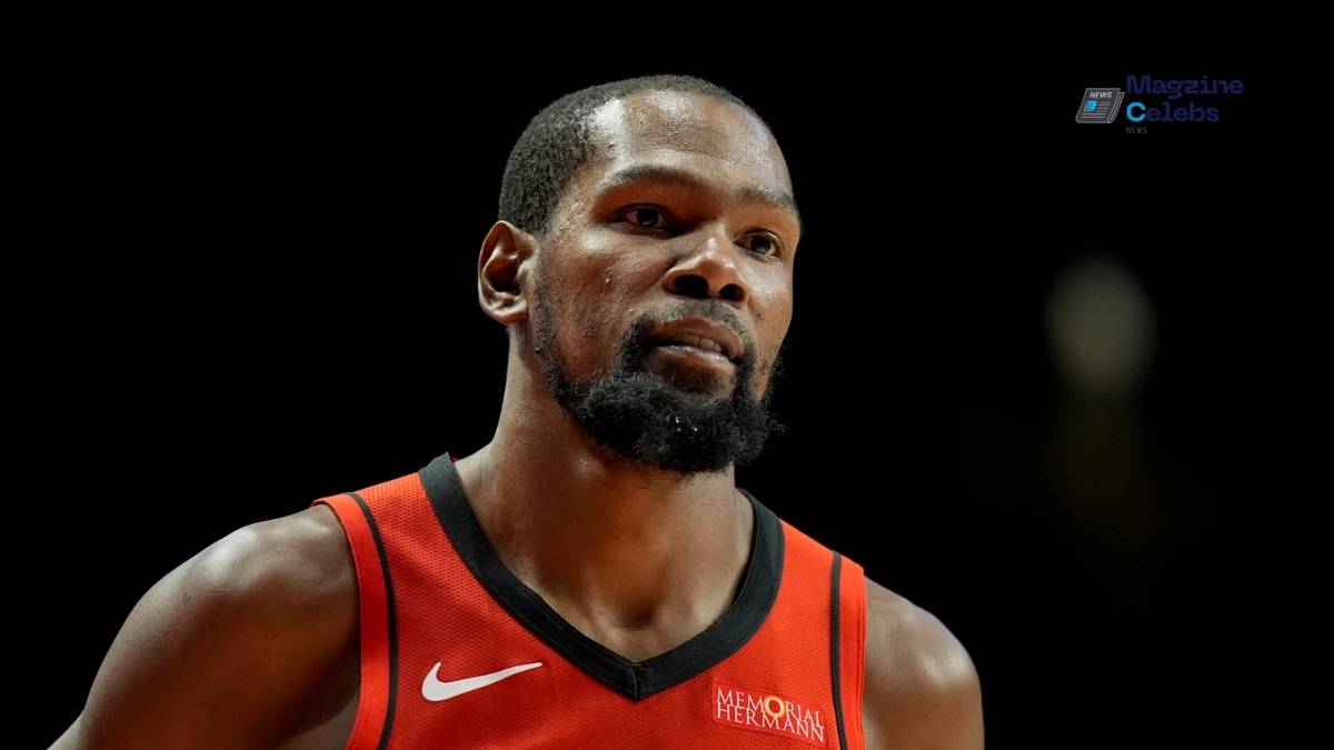 Kevin Durant in his Houston Rockets jersey, looking focused before his return game in Oklahoma City.