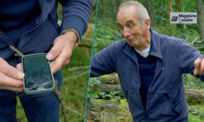 Kevin McCloud reacts after his phone is crushed by a falling tree branch during Grand Designs filming