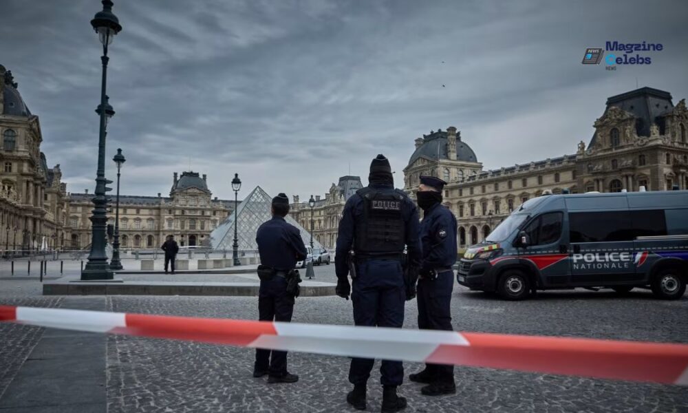 French police officers stand behind red and white caution tape in front of the Louvre Museum's pyramid and historical buildings in Paris, indicating a crime scene or security incident.