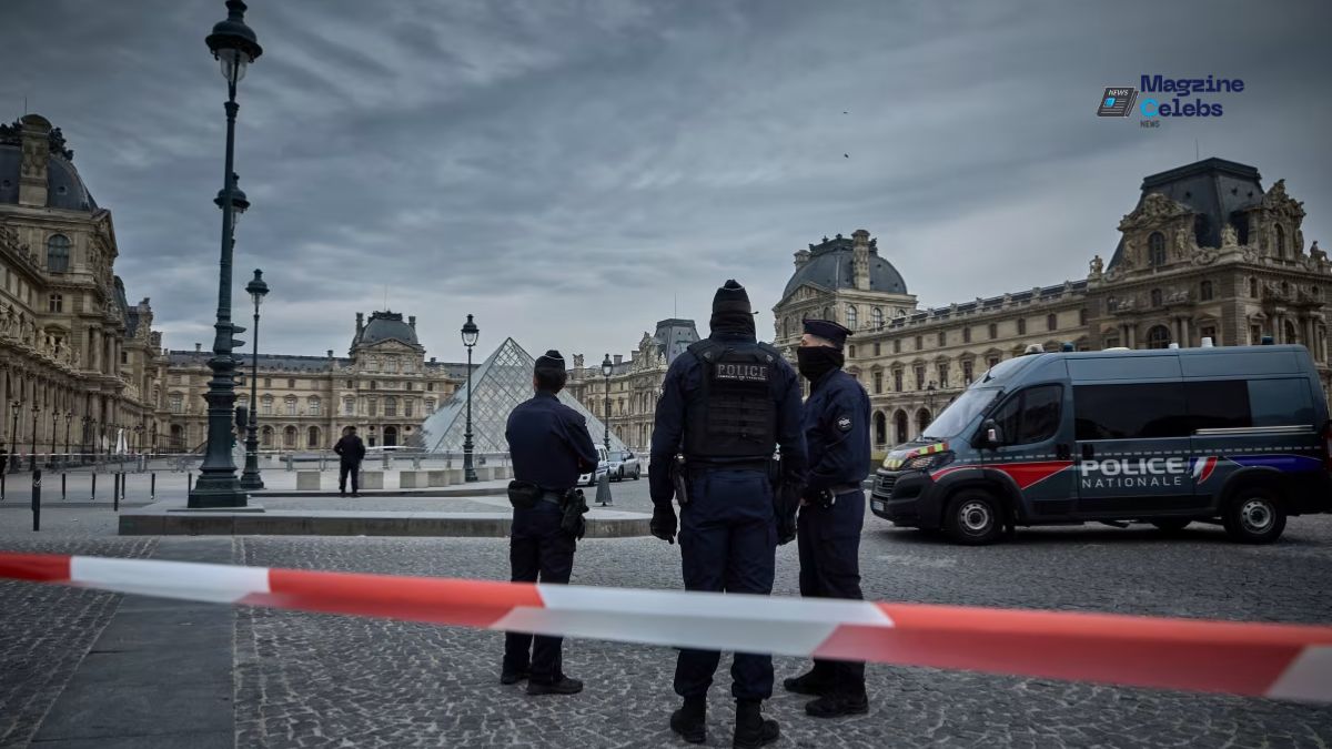 French police officers stand behind red and white caution tape in front of the Louvre Museum's pyramid and historical buildings in Paris, indicating a crime scene or security incident.