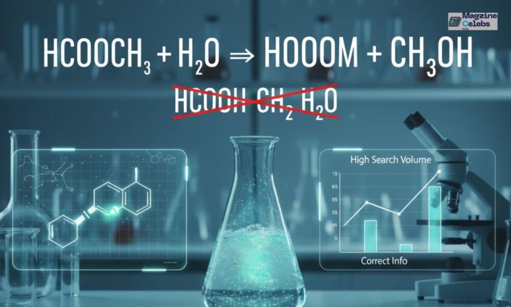Hydrolysis of Methyl Formate ($\text{HCOOCH}_3 + \text{H}_2\text{O}$) reaction in a chemistry lab with the common typo $\text{hcooch ch}_2 \text{ h}_2\text{o}$ crossed out for clarity.