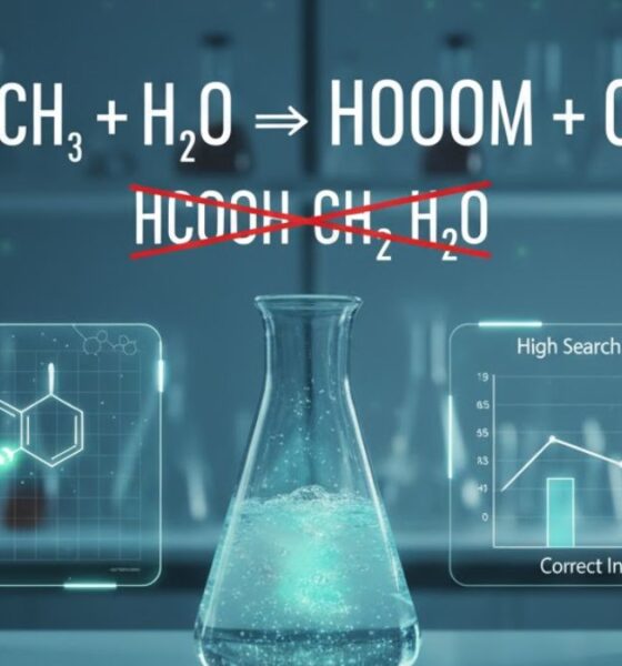 Hydrolysis of Methyl Formate ($\text{HCOOCH}_3 + \text{H}_2\text{O}$) reaction in a chemistry lab with the common typo $\text{hcooch ch}_2 \text{ h}_2\text{o}$ crossed out for clarity.