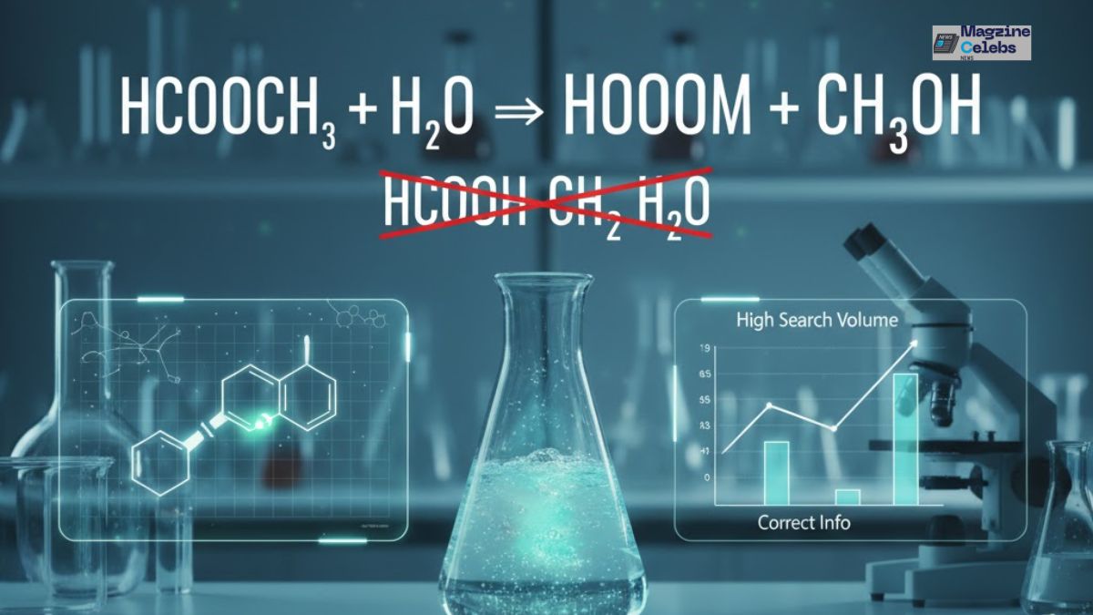 Hydrolysis of Methyl Formate ($\text{HCOOCH}_3 + \text{H}_2\text{O}$) reaction in a chemistry lab with the common typo $\text{hcooch ch}_2 \text{ h}_2\text{o}$ crossed out for clarity.