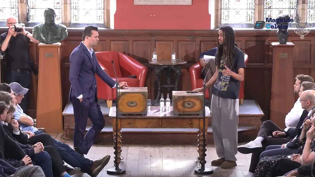 A debate taking place at the historic Oxford Union, where the president-elect was recently ousted over a social media controversy.