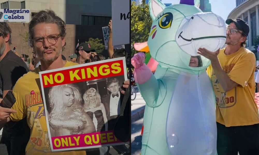 A split image showing actor Pedro Pascal at the "No Kings" protest. On the left, he holds a "NO KINGS ONLY QUEENS" sign featuring Divine and Donald Trump. On the right, he interacts with someone in an inflatable unicorn costume.