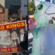 A split image showing actor Pedro Pascal at the "No Kings" protest. On the left, he holds a "NO KINGS ONLY QUEENS" sign featuring Divine and Donald Trump. On the right, he interacts with someone in an inflatable unicorn costume.