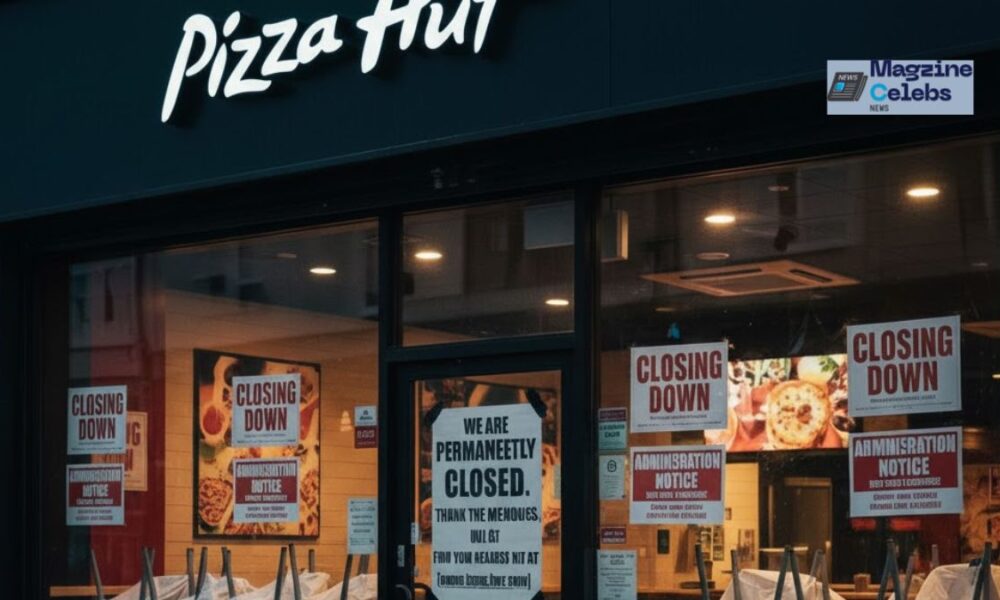 A Pizza Hut restaurant in the UK with a 'Closing Down' sign on the window, illustrating the news of 68 locations shutting down.