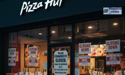 A Pizza Hut restaurant in the UK with a 'Closing Down' sign on the window, illustrating the news of 68 locations shutting down.