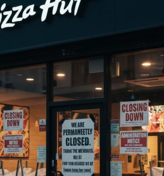 A Pizza Hut restaurant in the UK with a 'Closing Down' sign on the window, illustrating the news of 68 locations shutting down.