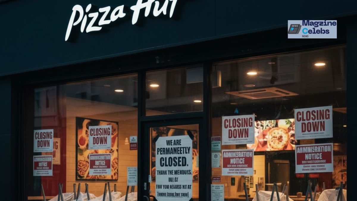 A Pizza Hut restaurant in the UK with a 'Closing Down' sign on the window, illustrating the news of 68 locations shutting down.