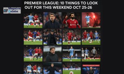 A feature image collage for the Premier League weekend of October 25-26, showing key players like Erling Haaland and Mohamed Salah, managers like Mauricio Pochettino, and highlighting major matches like Manchester City vs Arsenal.