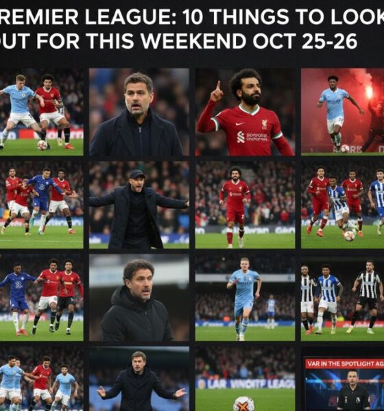A feature image collage for the Premier League weekend of October 25-26, showing key players like Erling Haaland and Mohamed Salah, managers like Mauricio Pochettino, and highlighting major matches like Manchester City vs Arsenal.