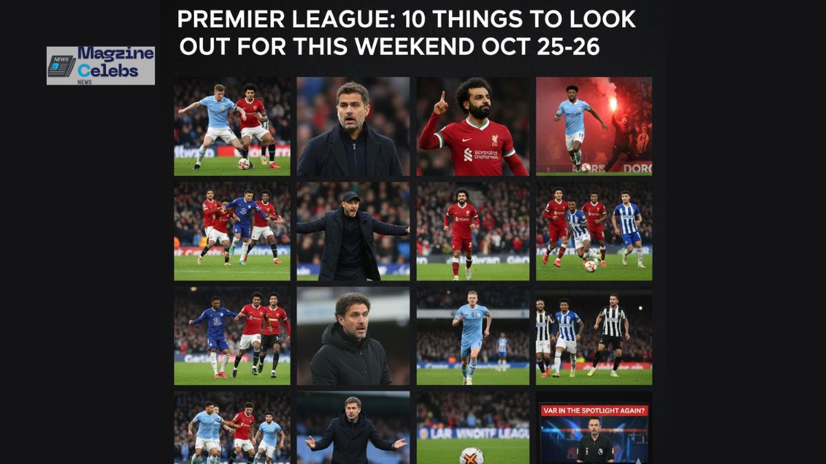 A feature image collage for the Premier League weekend of October 25-26, showing key players like Erling Haaland and Mohamed Salah, managers like Mauricio Pochettino, and highlighting major matches like Manchester City vs Arsenal.