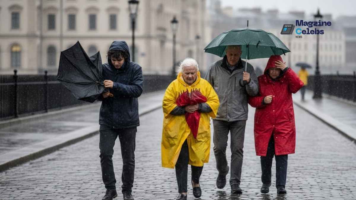 People struggle with umbrellas in heavy rain and wind as Storm Benjamin approaches the UK.