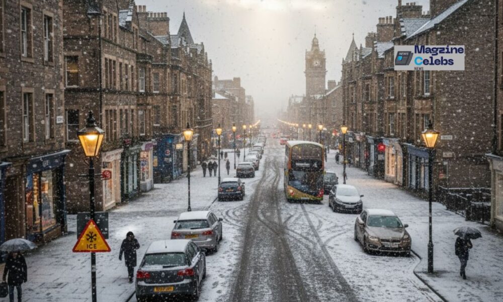 Pedestrians in winter coats walk down a frosty UK city street, with a light dusting of snow or sleet visible on rooftops and in a nearby park, illustrating the weekend cold snap.