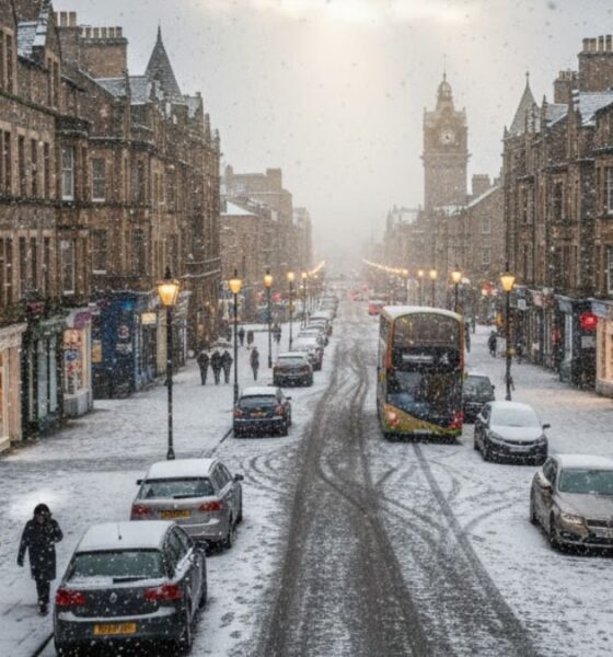 Pedestrians in winter coats walk down a frosty UK city street, with a light dusting of snow or sleet visible on rooftops and in a nearby park, illustrating the weekend cold snap.