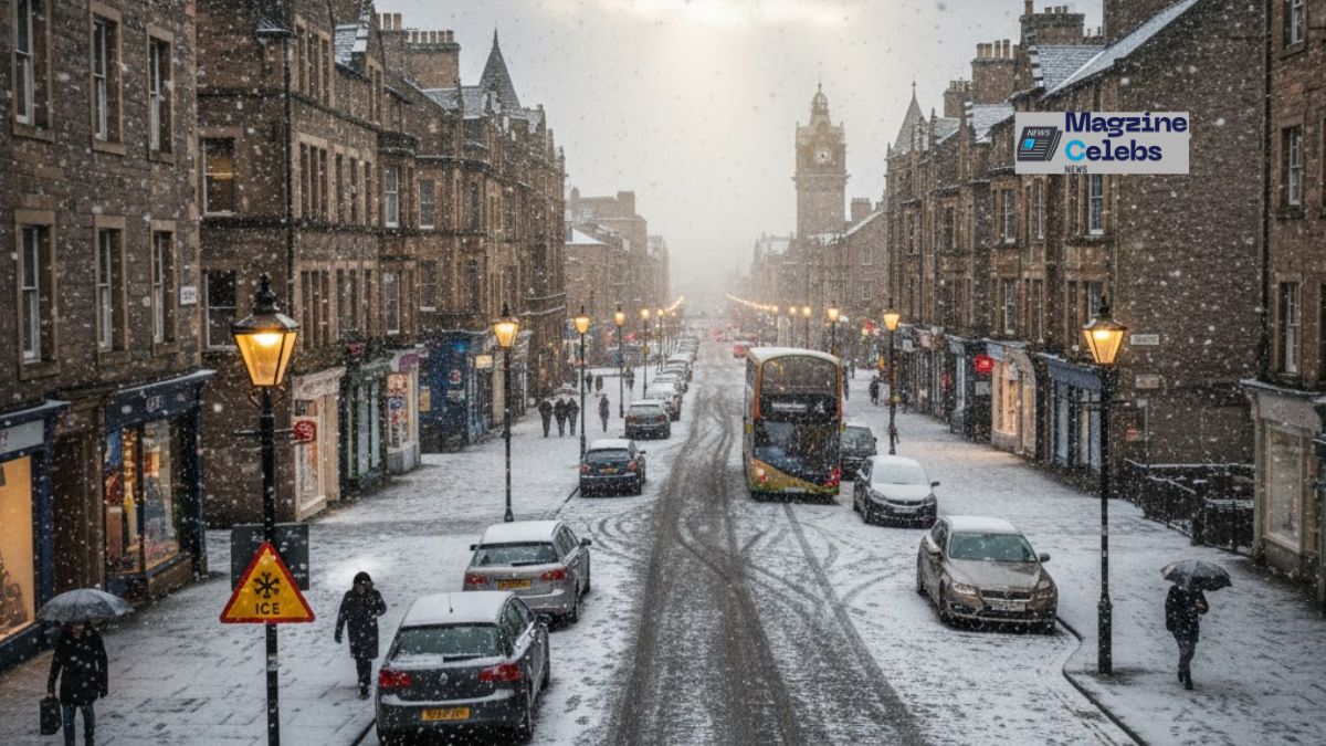Pedestrians in winter coats walk down a frosty UK city street, with a light dusting of snow or sleet visible on rooftops and in a nearby park, illustrating the weekend cold snap.