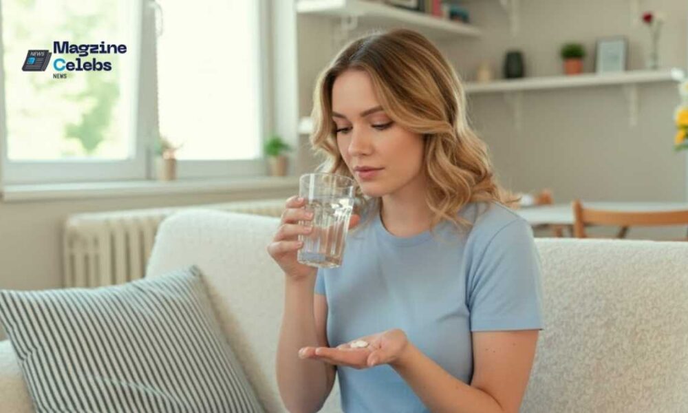 Young woman sitting on a sofa taking antidepressant medication with a glass of water, illustrating the importance of understanding physical health effects.