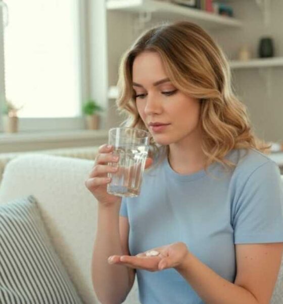 Young woman sitting on a sofa taking antidepressant medication with a glass of water, illustrating the importance of understanding physical health effects.