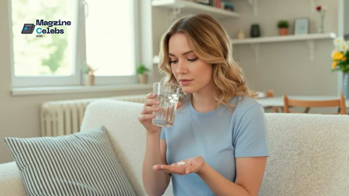 Young woman sitting on a sofa taking antidepressant medication with a glass of water, illustrating the importance of understanding physical health effects.